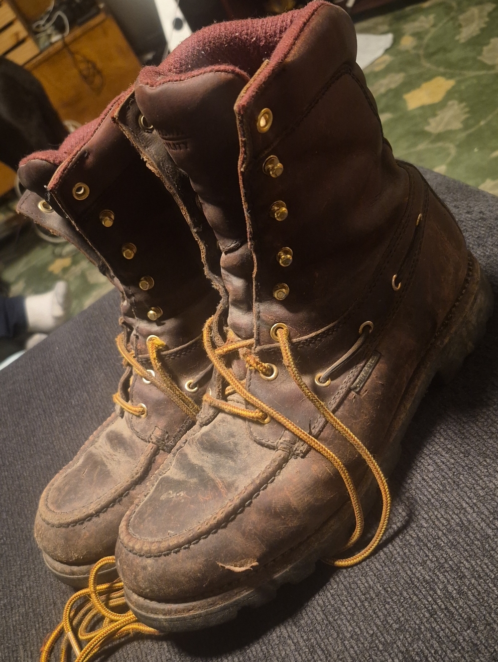 Chippewa Brown Leather Work Boots with Maroon Collar